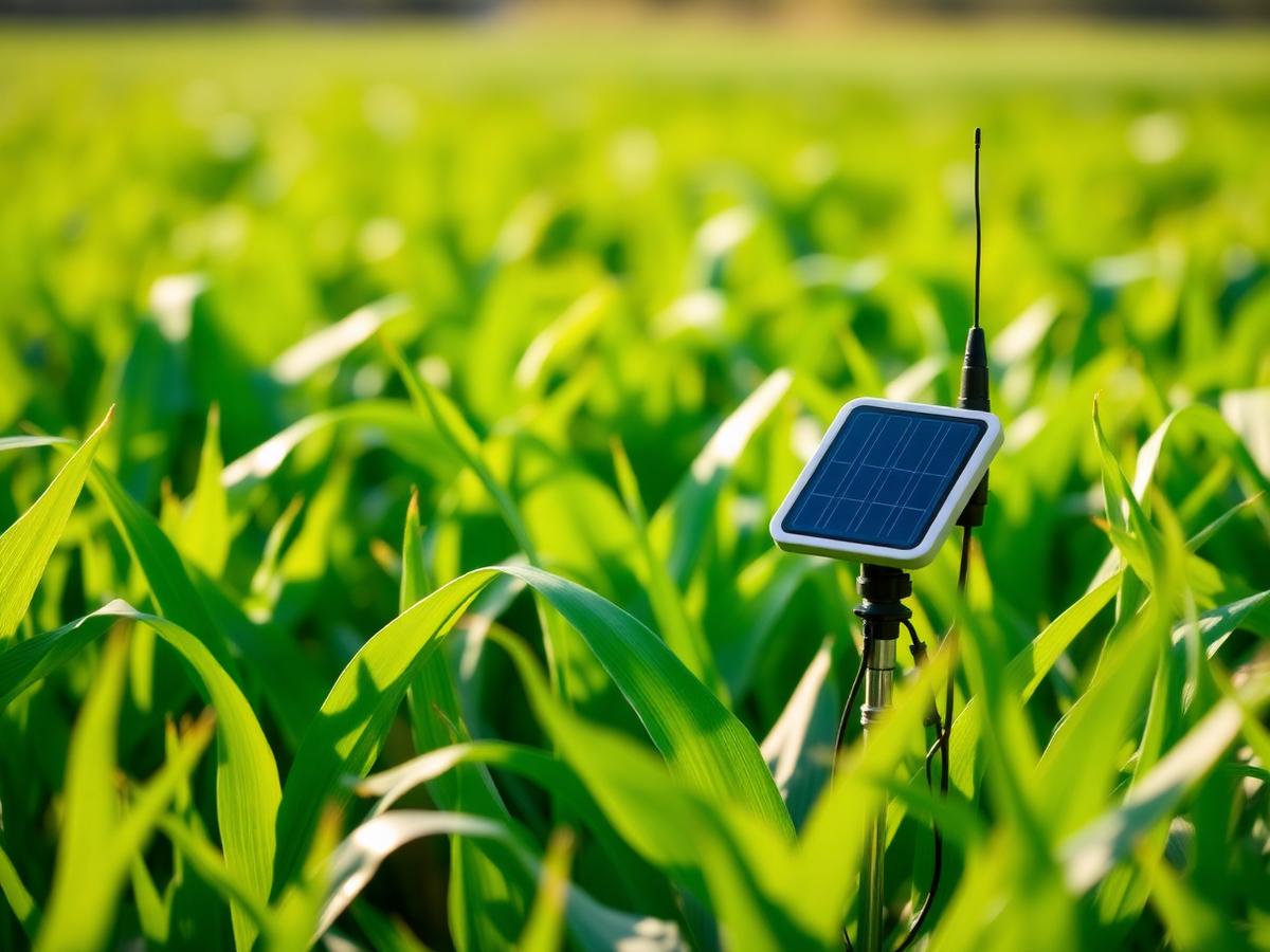 Sensor IoT de umidade de solo instalado em lavoura de milho